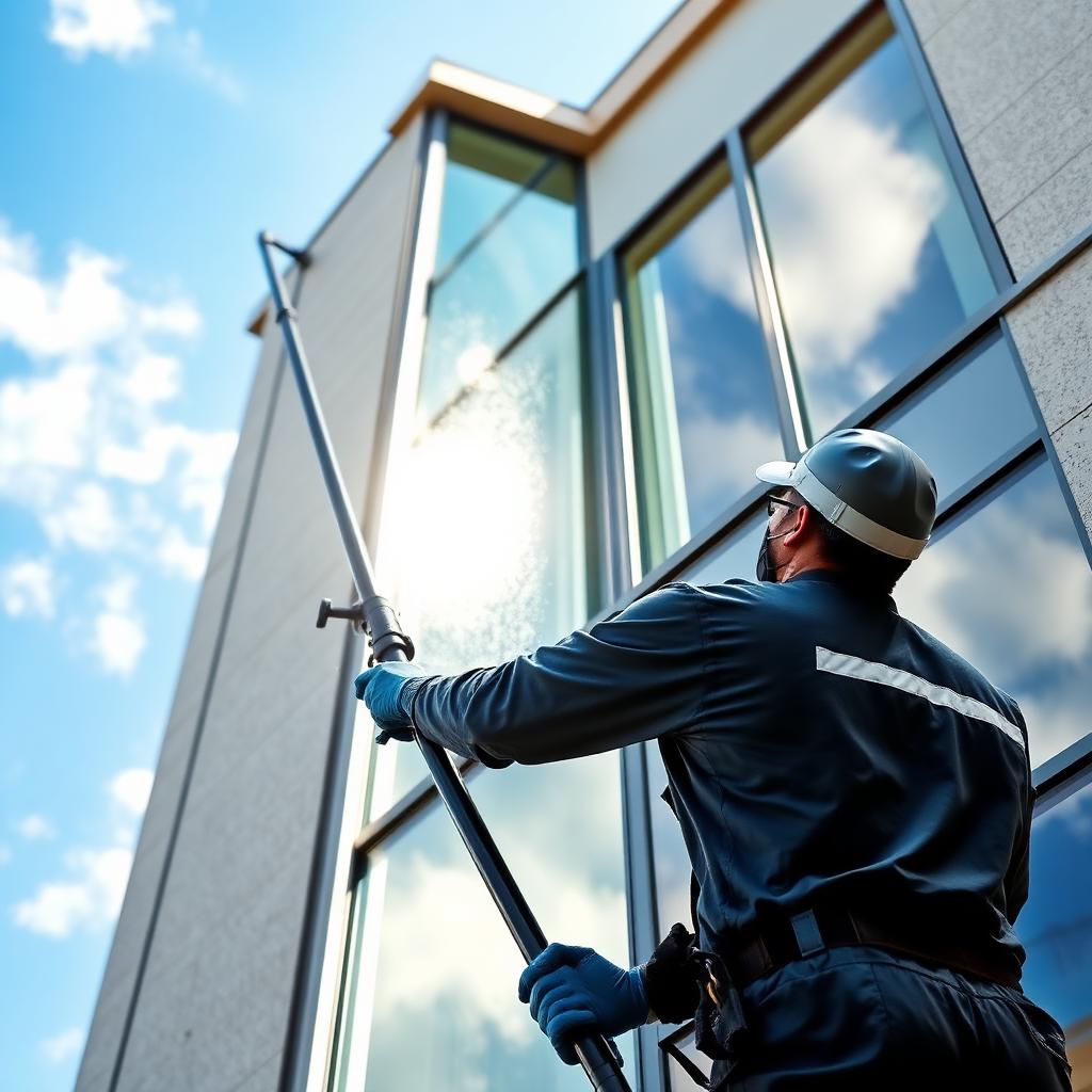 Professional window cleaner using water fed pole in Houston